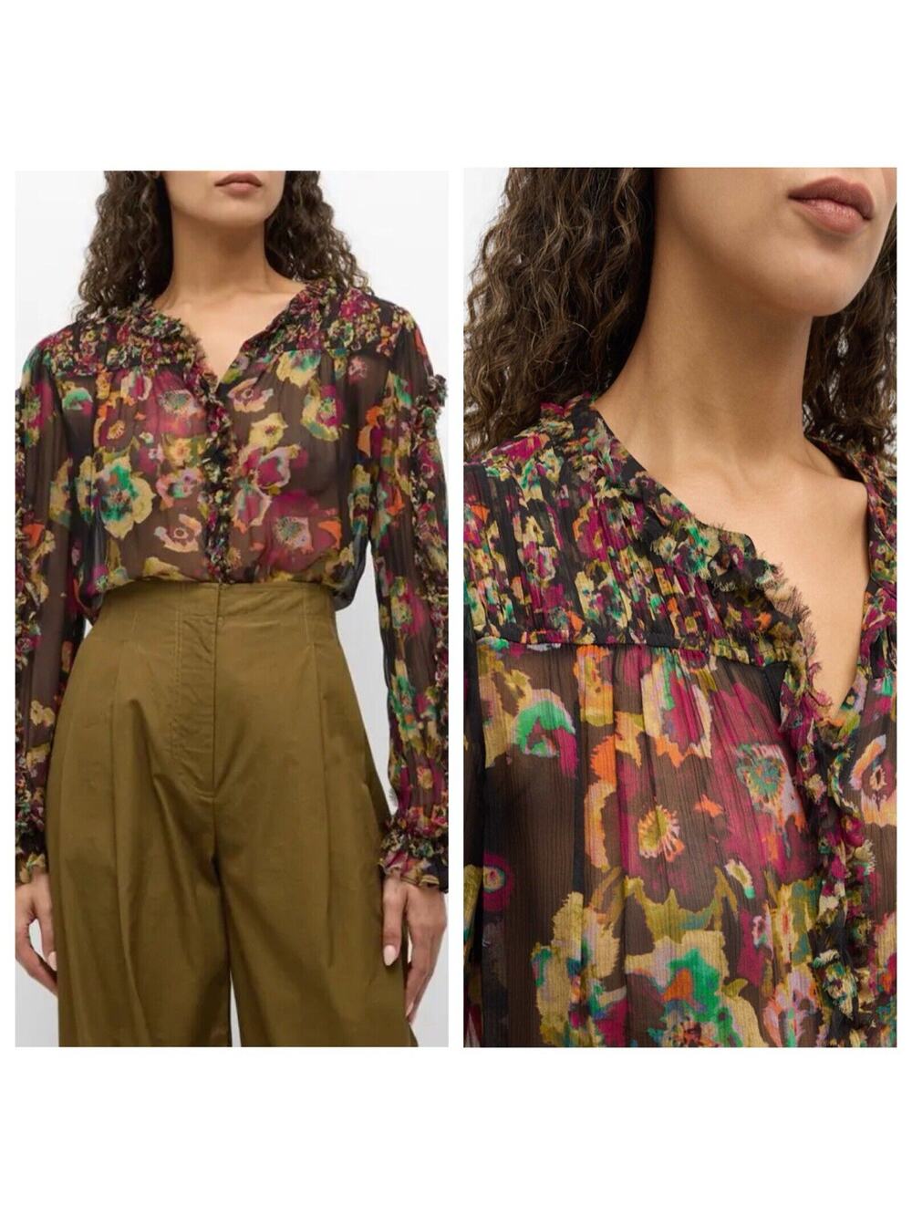 ULLA JOHNSON Andi Sheer Chiffon Crinkle Floral Silk Blouse Size 0